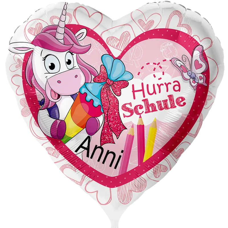 Personalisierter Folienballon zum Schulanfang im Einhorn-Design mit der Aufschrift "Hurra Schule", ideal für Kinder, die ihren ersten Schultag feiern.