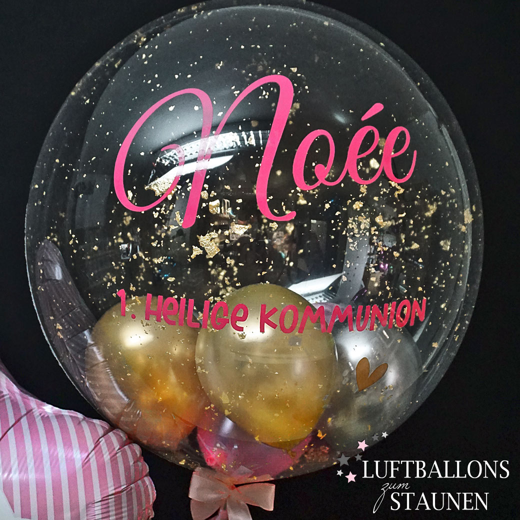 Ein besonderes Bubble-Bouquet für feierliche Anlässe wie Kommunion, Konfirmation, Jugendweihe oder Taufe. Inklusive Bubble mit individuellem Wunschtext, XXL-Kreuz und 2 Helium-Latexballons.