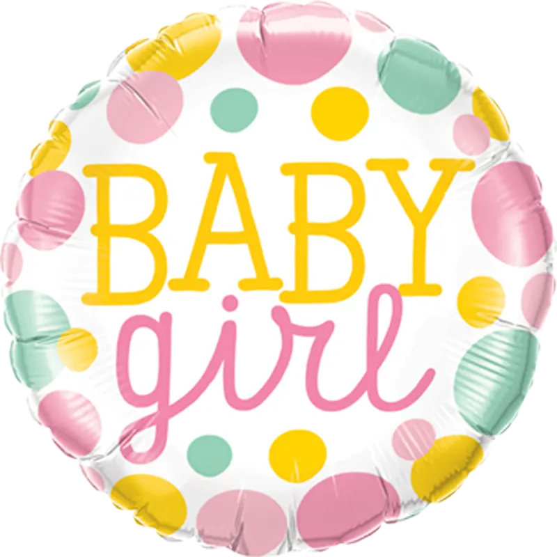 Folienballon Baby Girl Dots – Niedlicher Folienballon mit bunten Punkten und der Aufschrift „Baby Girl“, ideal zur Feier von Mädchen-Babypartys oder zur Begrüßung eines neugeborenen Mädchens.