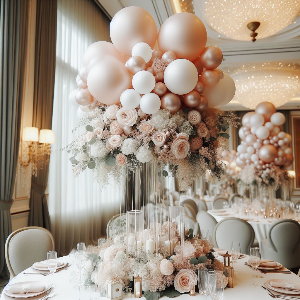 Bild einer stilvollen Tischdeko für eine Verlobungsparty: Ein Ballonstrauß mit Blumen. Die elegante Deko sorgt für eine romantische Atmosphäre und unvergessliche Momente. Dekoservice für besondere Anlässe.