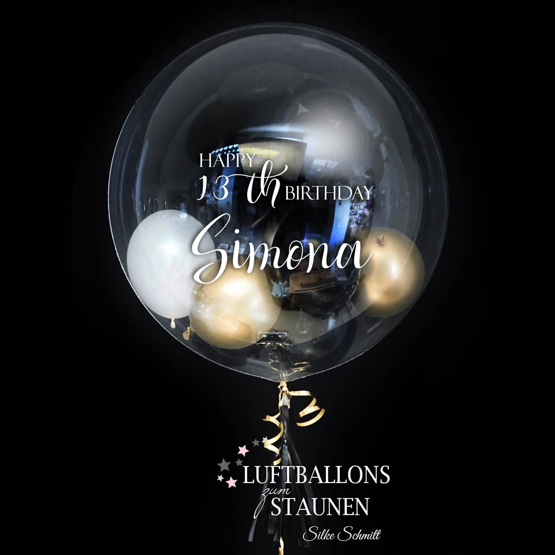 Ein exklusives Bubble-Geschenk, das beeindruckt! Kleiner Bubble gefüllt mit 6 Miniballons, eleganter Fuß mit Krone. Bestellbar mit oder ohne individueller Beschriftung. Höhe: ca. 1,2 m.
