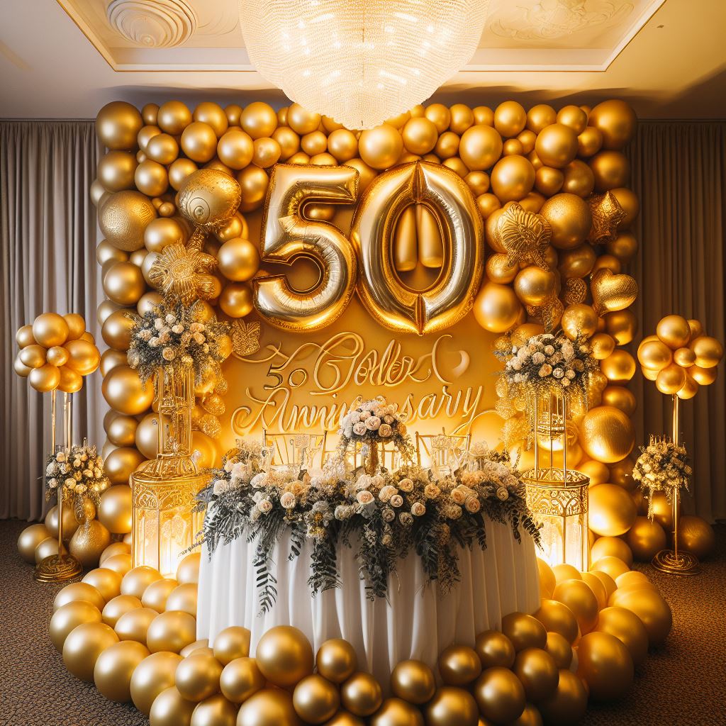 Bild einer eleganten Ballonwand, geschmückt für eine Goldhochzeit zum 50. Jubiläum. Festlich verzierte Dekoration für ein unvergessliches Fest. Dekoservice für besondere Anlässe.