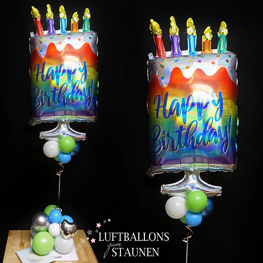 Buntes Ballon-Geschenk mit "Happy Birthday"-Torte