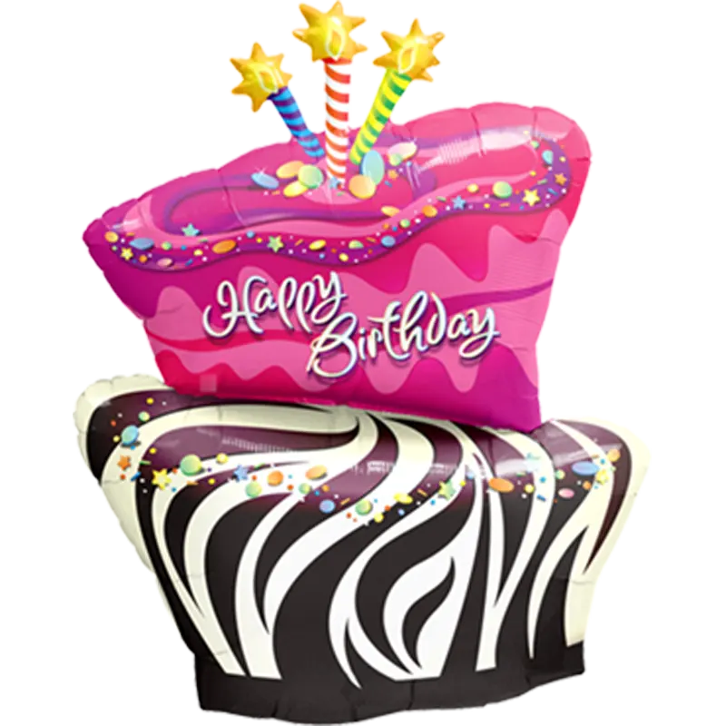 Folienballon Geburtstag Birthday Funky Zebra Stripe Cake – Bunter Folienballon in Form eines Tortenmotivs mit Zebra-Streifen, ideal für kreative Geburtstagsfeiern und als eye-catching Dekoration.