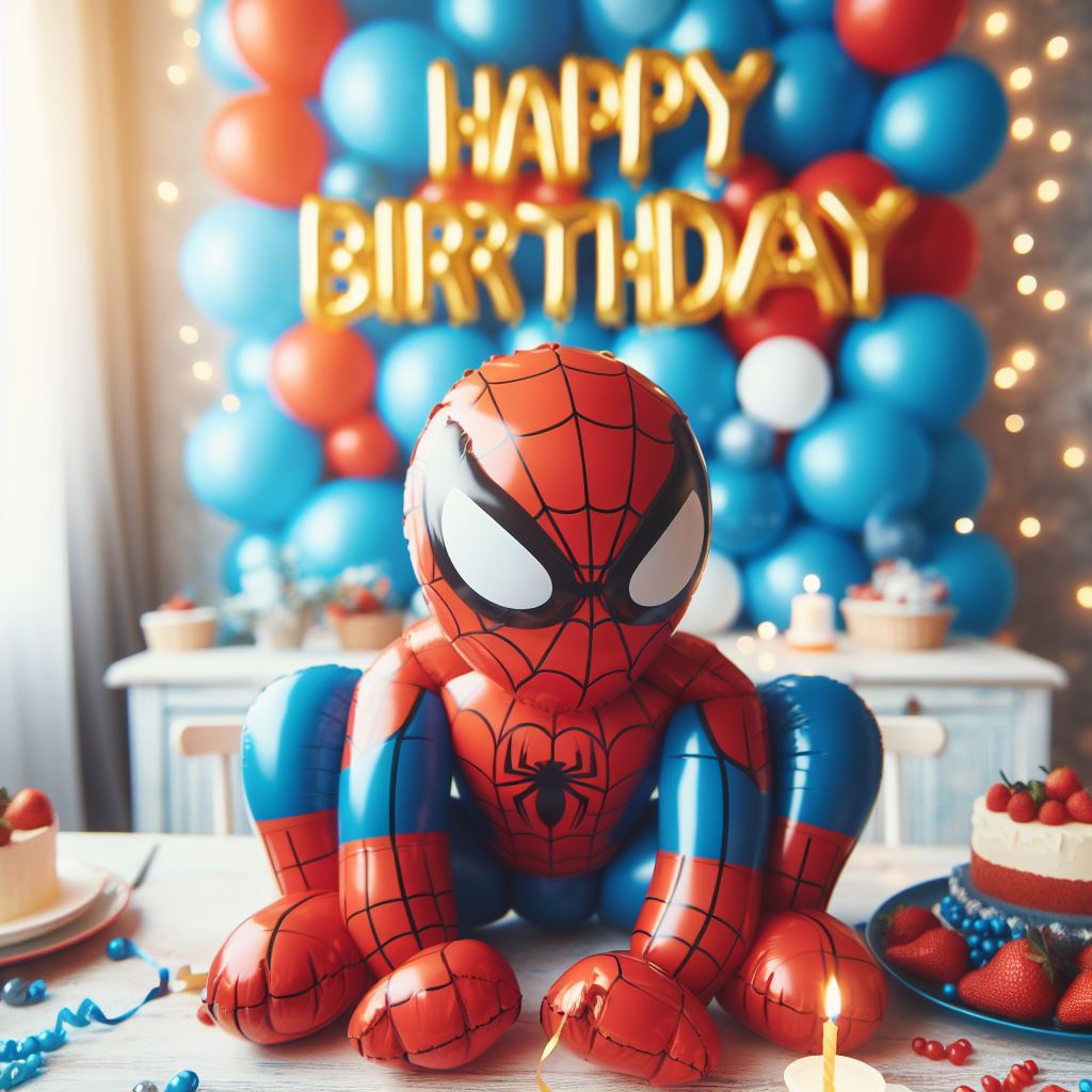 Bild einer beeindruckenden Ballondekoration mit Ballonbuchstaben und -wand für eine Spiderman-Mottoparty zum Geburtstag. Dekoration mit dem Text 'Happy Birthday' für unvergessliche Feiern. Dekoservice für besondere Anlässe