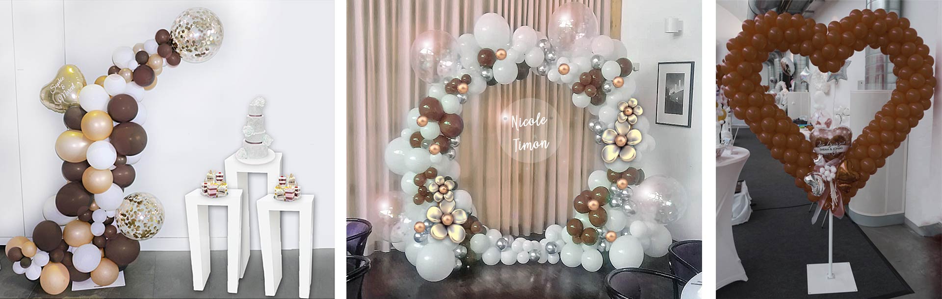 Bild einer eleganten Ballondekoration für eine Hochzeit, bestehend aus einem Ballonkreis, einer majestätischen Ballonsäule und einem Herzballon. Die romantische Atmosphäre macht Ihren großen Tag unvergesslich. Dekoservice für besondere Anlässe.