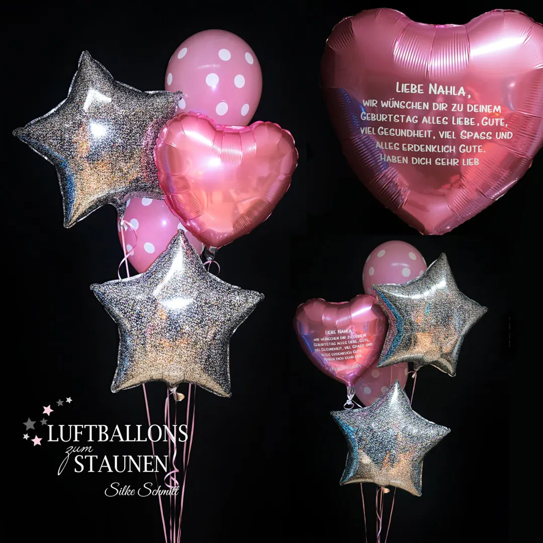 Personalisiertes Ballon-Geschenk in rosa und silber zum Geburtstag
