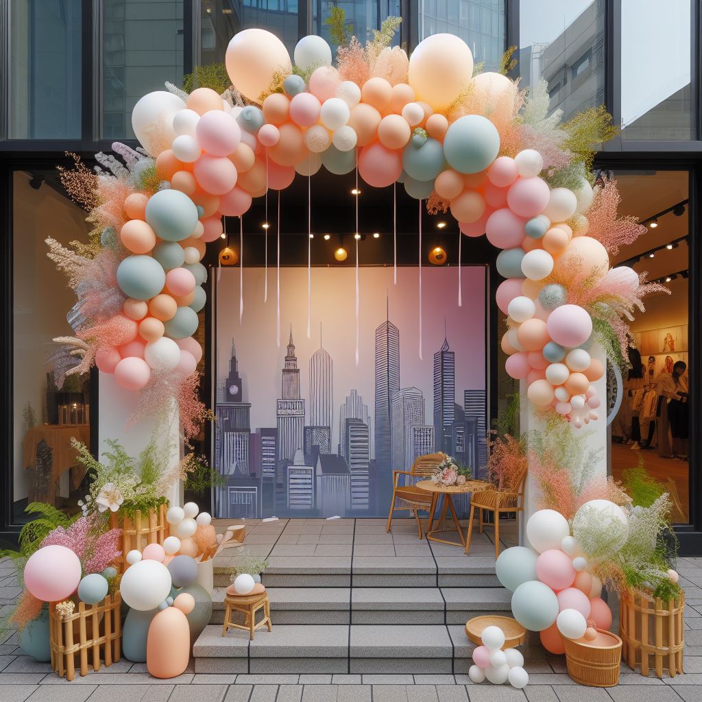 Ballonbogen als Ballondekoration im Shopping-Village, bereitgestellt vom Ballon-Deko-Service, ideal als Fotohintergrund