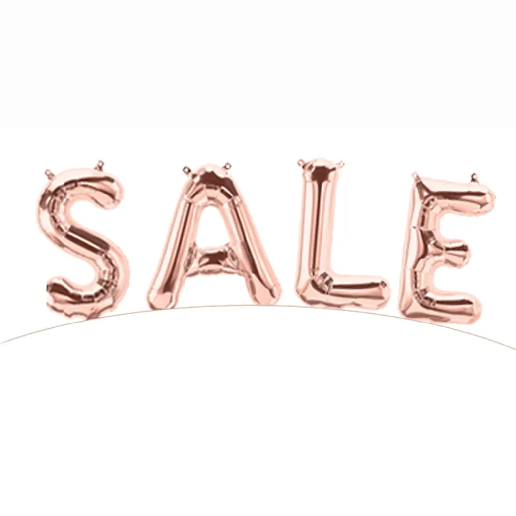 Ballon-Schriftzug SALE Rosegold XXL schwebend – Großer, auffälliger Ballon-Schriftzug SALE in lebendigen Farben, ideal für Verkaufsaktionen und Sonderangebote, um die Aufmerksamkeit von Kunden zu gewinnen.