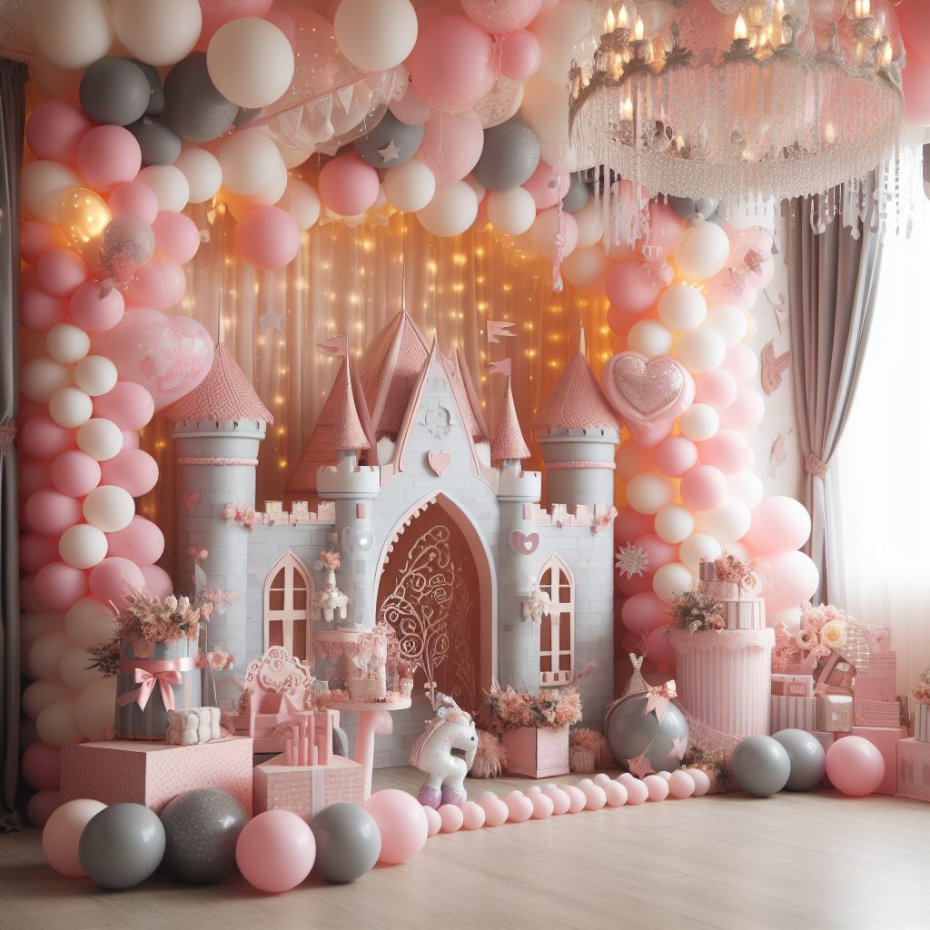 Bild eines zauberhaften Ballonbogens für eine Geburtstags-Mottoparty mit dem Thema Prinzessin und Schloss. Das Schlossmotiv verleiht der Feier einen königlichen Glanz und lässt Träume wahr werden. Dekoservice für besondere Anlässe.